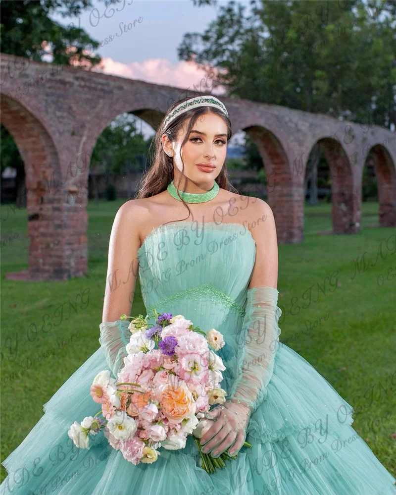 OEING Mint Green Sweet 16 Quinceanera Dress Strapless Ruffles Lace Up Tulle Tiered Princess Party Gown Vestidos De 15 Años