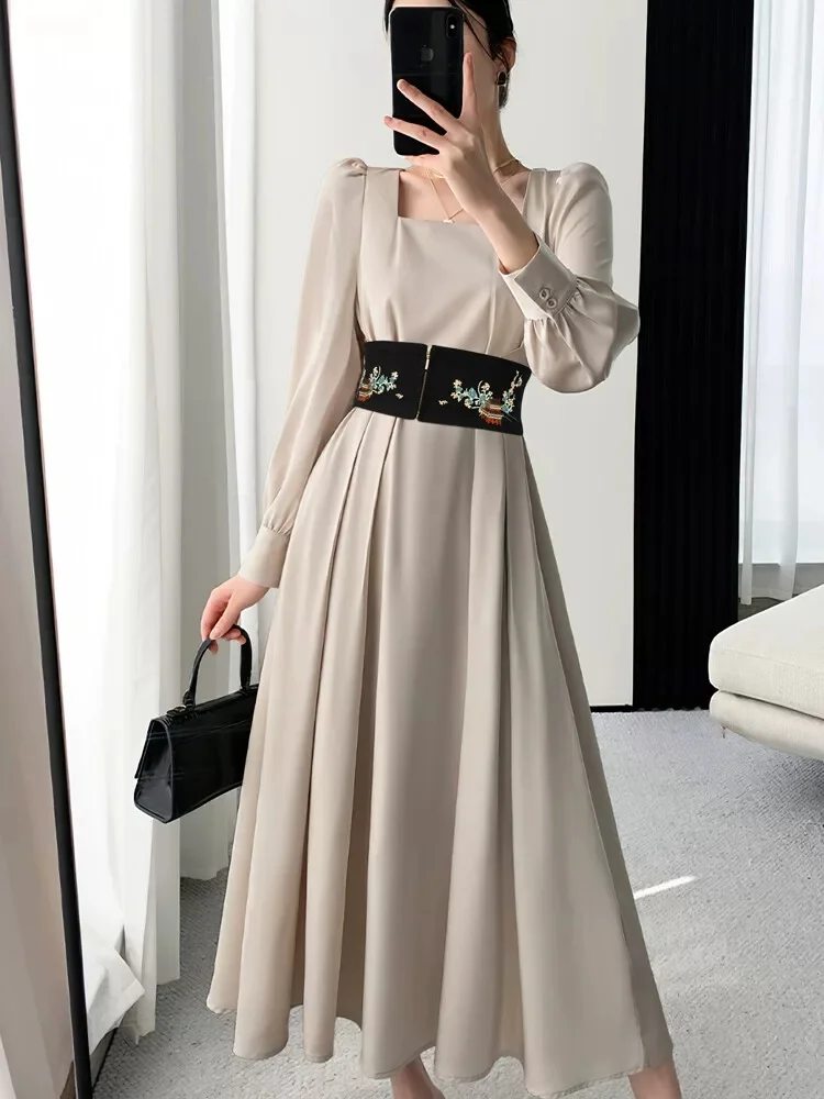 Retro National  Belt Versatile Small Courtyard Embroidered Women's Dress Han Style Dress with Elastic Cloth Belt and Waist Cover