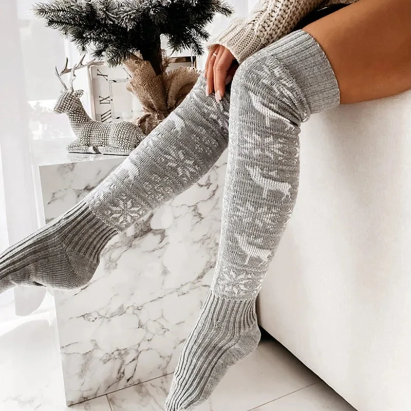 Knit Over Knee Christmas Deer Stockings Women Casual Thick Warm Winter Thigh High Stockings Socks Female Gifts Home Leg Warmers