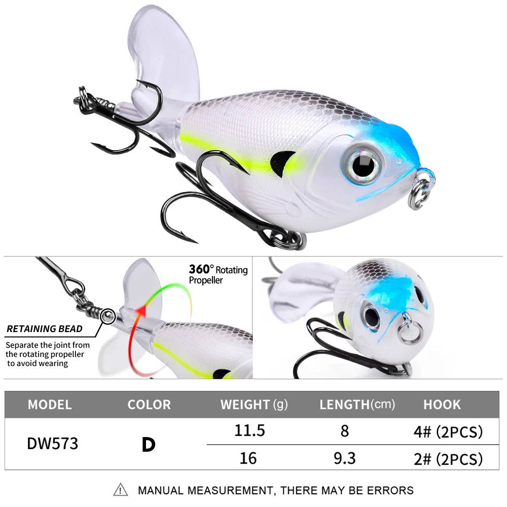 PROBEROS1PC Whopper Popper Topwater Angelköder – künstlicher harter Köder mit weichem rotierendem Schwanz für Barsch-Angelgeräte