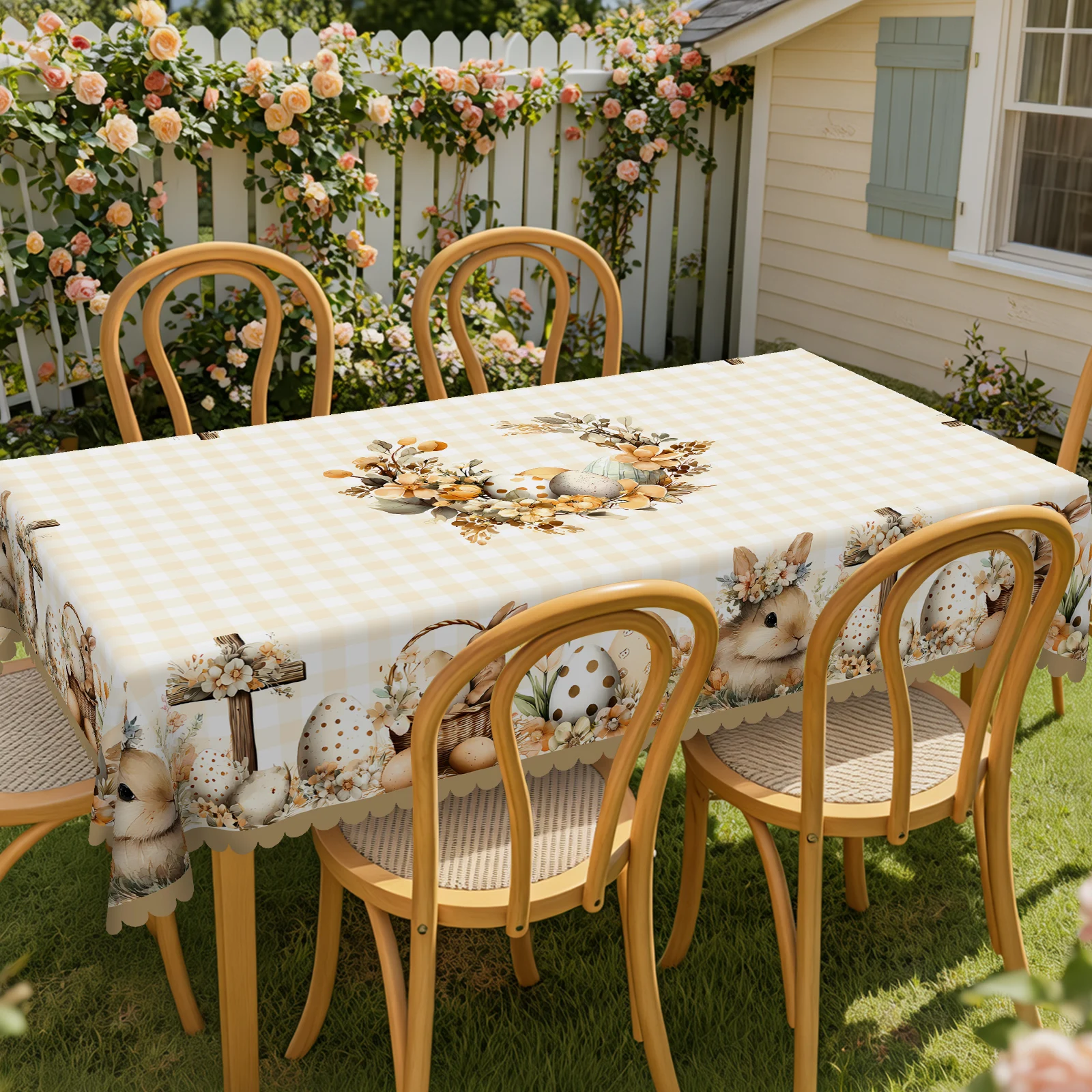 Easter Bunny Themed Tablecloth, Classic Earth Tones, Light Brown Plaid Print, Cute Bunny with Wreath, Floral Egg Cross Print Pattern, Egg Print Surrounded by Wreath in the Center, Embossed Edges, Waterproof, Wrinkle-Resistant, Fade-Resistant, Suitable for Rectangular and Round Dining Tables, Home Kitchen, Living Room Dining Table, Balcony Coffee Table, Holiday Party Holiday Table Decoration, Outdoor Picnic Decoration, Coffee Table Decoration Fhj01