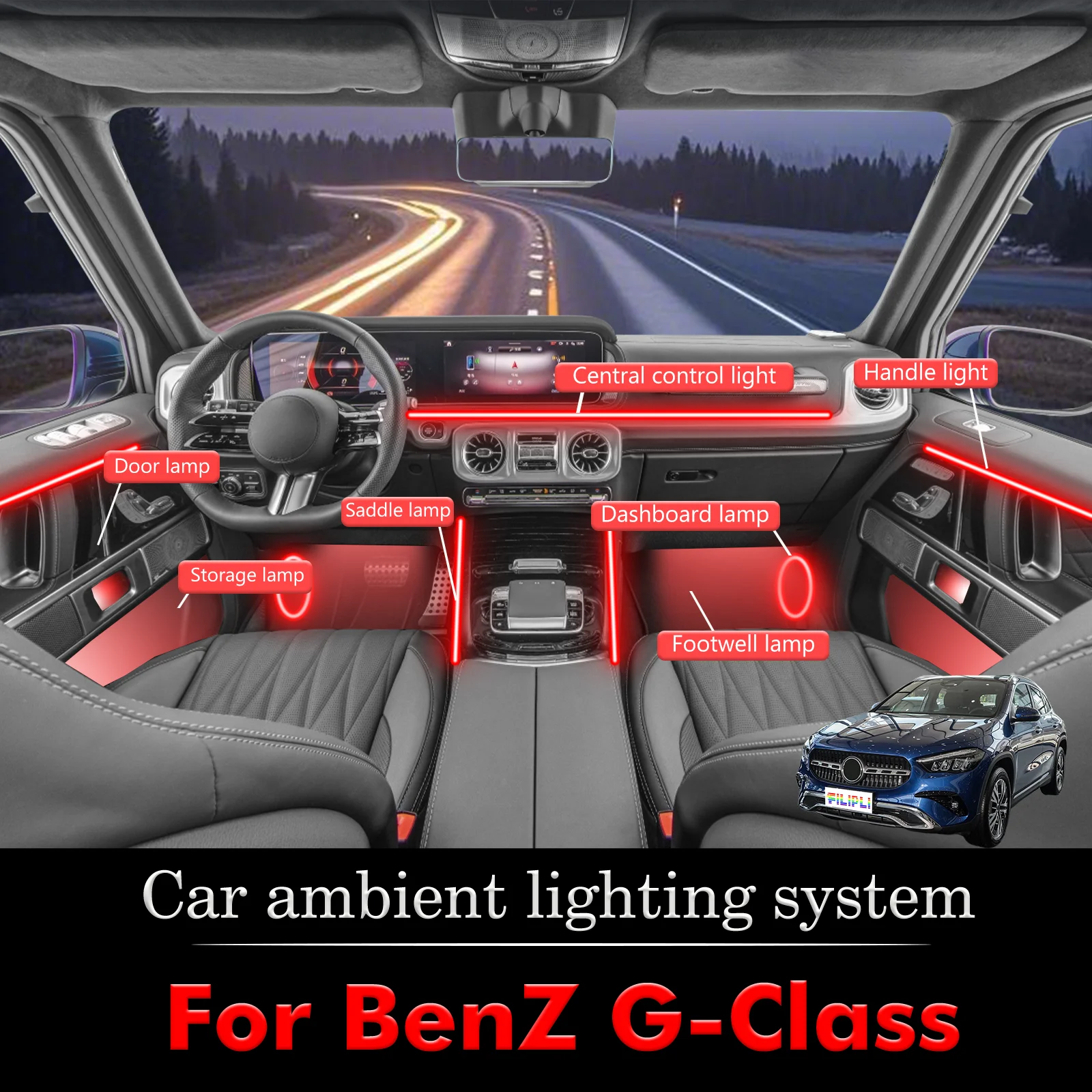 

Для BenZ G-Class RGB 64 цвета светодиодный интерьер автомобиля окружающее освещение умный пульт дистанционного управления комплект радужных акриловых полос