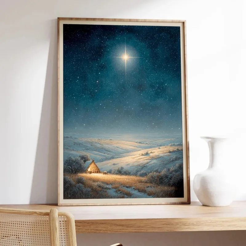 Nativity Christmas Star Canvas Wall Art Holy Night Winter Scene Print Religious Farmhouse Holiday Home Unframed Canvas Poster