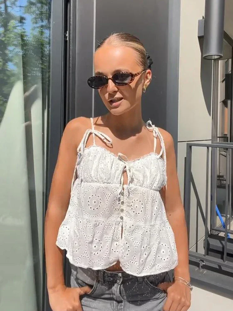Women Fashion White Hollow Out Sling Top Sexy Tie Straps Button Front Peplum Hem Blouse 2026 Summer Y2k Street Holiday Shirts
