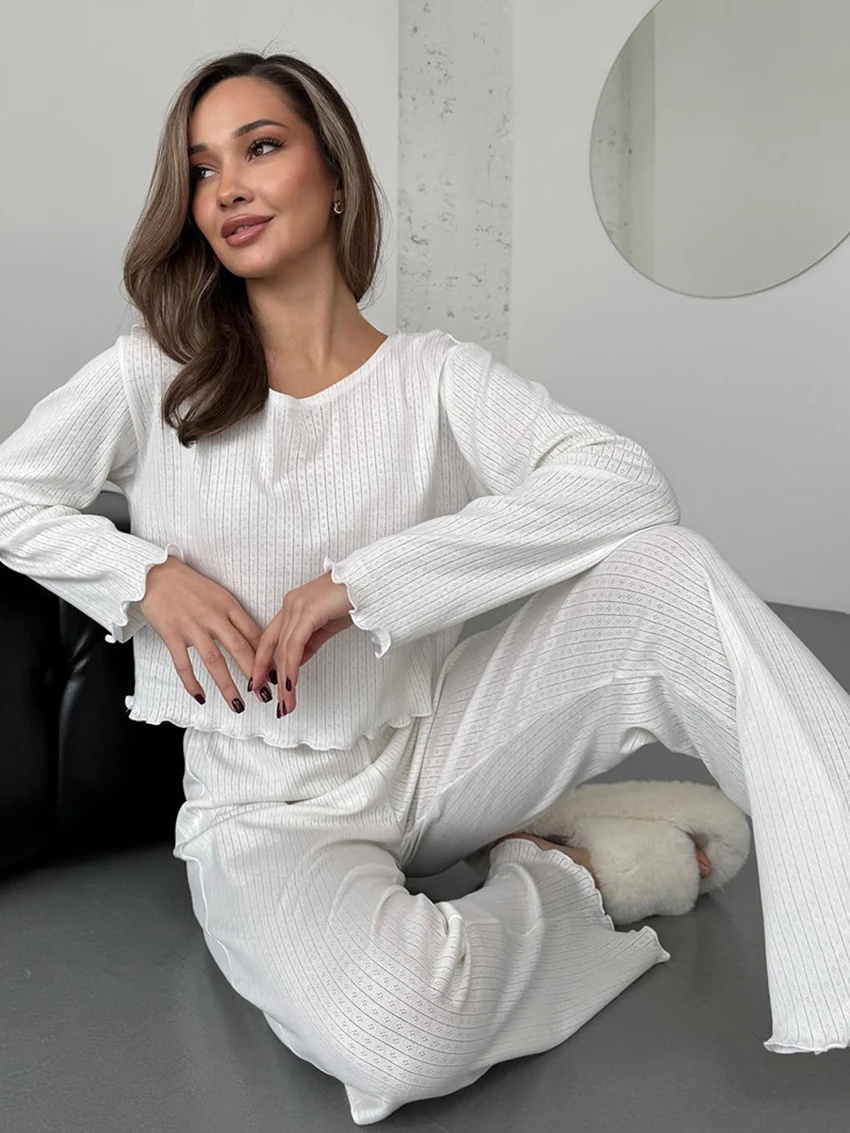 Marthaqiqi Casual Women'S Sleepwear Set Crop Top Pajamas Long Sleeve Nightie O-Neck Nightgowns Pants Loose Ladies Nightwear Suit