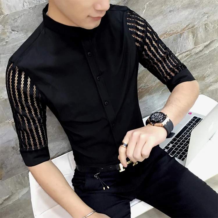 

Men See Through Shirt Black White Prom Shirt Men Lace Shirt Fashion Designer Shirt Slim Fit Camisa Social Masculina