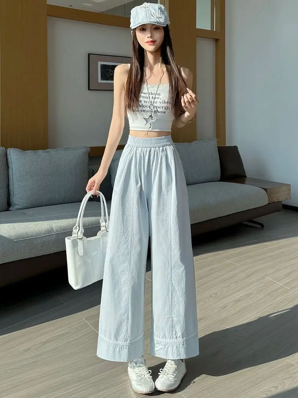 Ice Silk Wide Leg Pants Women's Summer Thin High Waist Slimming Lace Trim Loose Splicing Drape Straight Nine Casual Pants