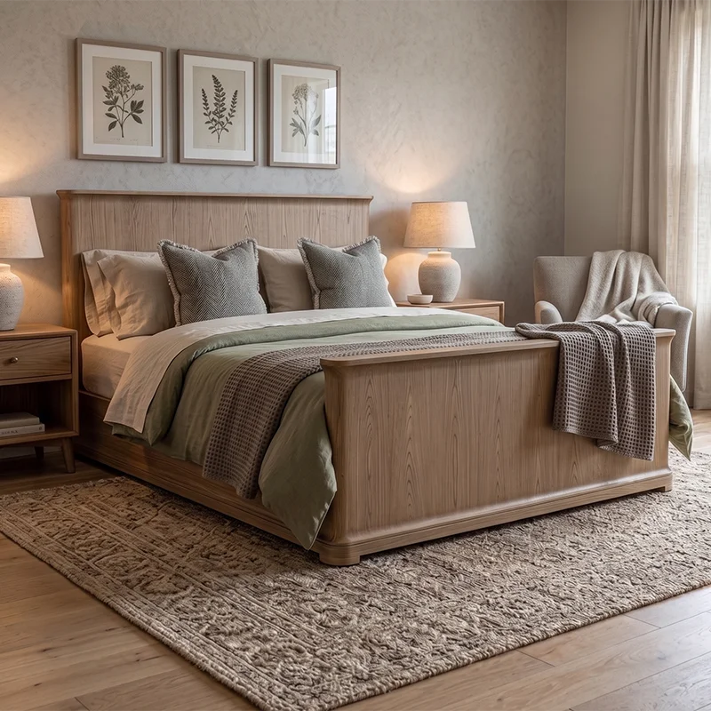 xx-RH BARON PANEL BED King Size Solid Wood Bed Frame Upholstered Headboard Natural Wood Grain Modern Luxury Bedroom Furniture
