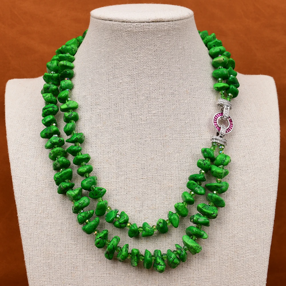 G-G 2 Strands Freeform Green Turquoise Rough Nugget Stone Green Crystal Necklace Cz Paved Circle Clasp Lady Jewelry Gifts