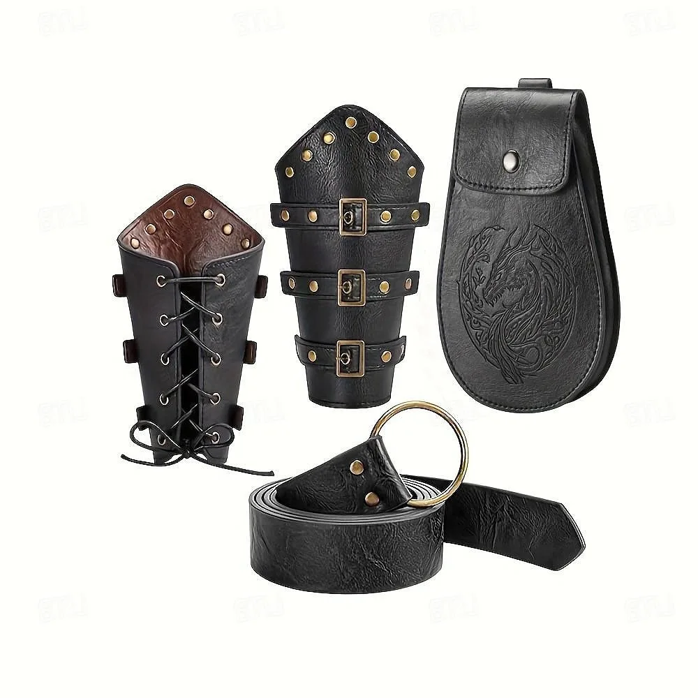 Protetores de pulso de couro medieval com tachas, cinto de bainha de espada de cavaleiro viking, adereços para festa de cosplay de Halloween