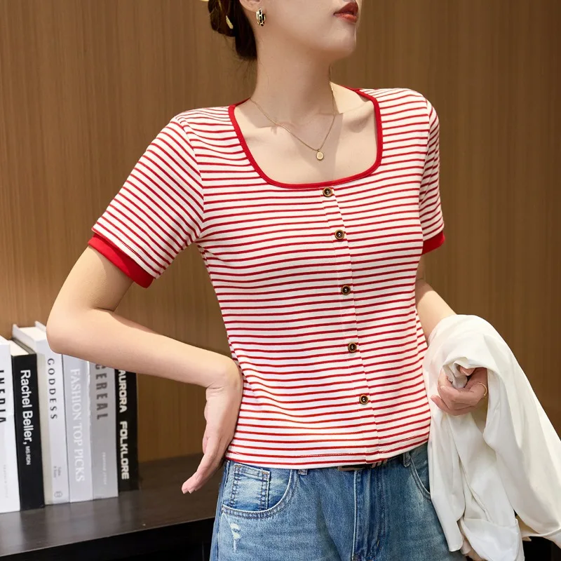 

Striped T-shirt, women's collar, short sleeved, summer contrasting button up versatile top