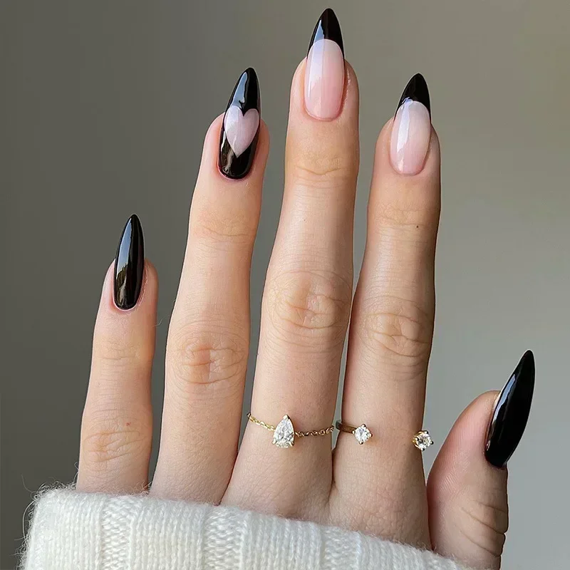 24Pcs Short Black French Fake Nails Almond False Nail Wearable Round Head Oval Nail Tips with Flower Chain Design Nails Press On