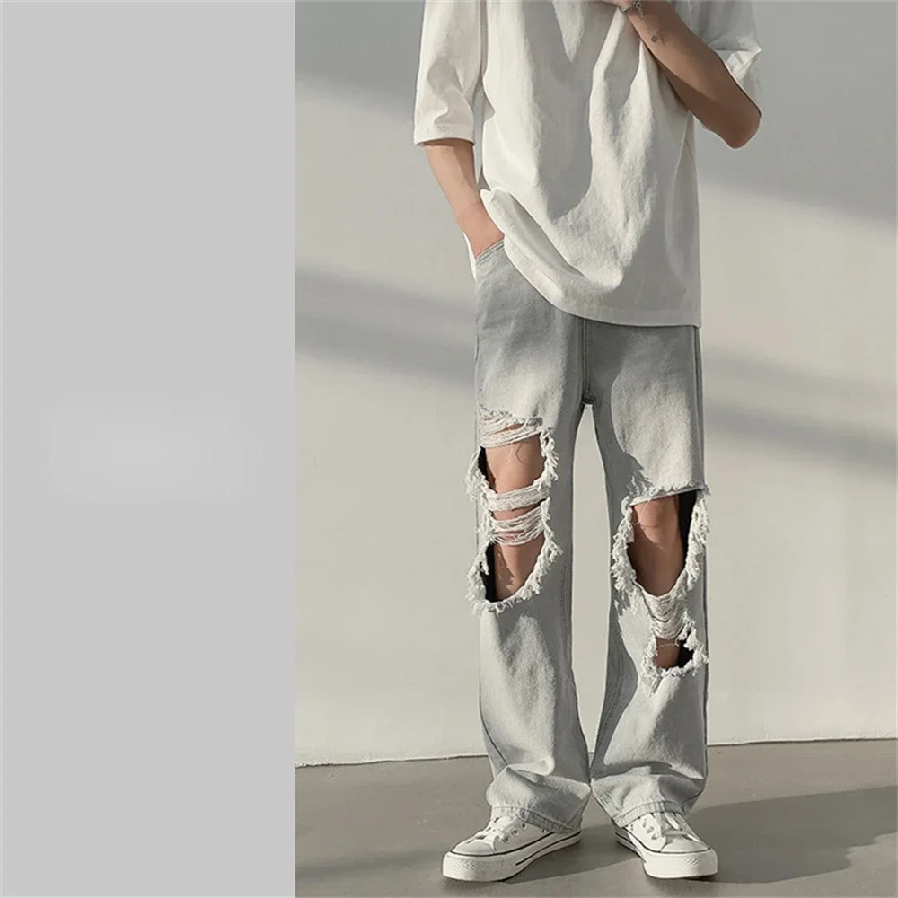 Ripped กางเกงยีนส์ผู้ชายกางเกง Casual Vintage Baggy เสื้อผ้าขาตรงกางเกงเกาหลีแฟชั่น Man Streetwear Pop Harajuku กางเกง
