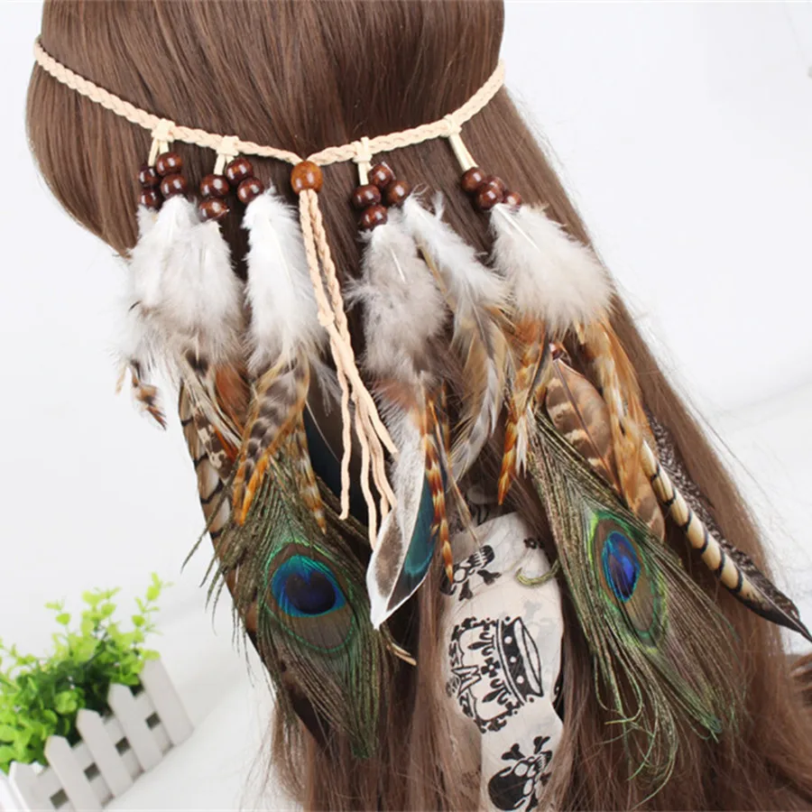 2023 Fashionable Boho Feather Headband Wig Beaded Feather Headdress Handmade Hair Clip Girl Hair Accessories gift High Quality