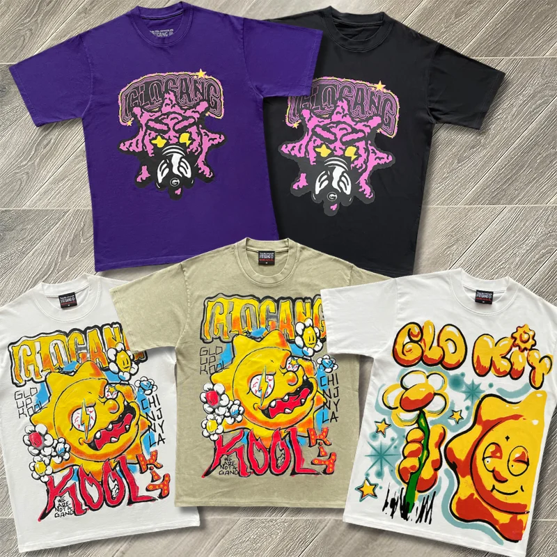 25ss Glo Gang Boyz Worldwide T-shirt High Street Hand Painted Graffiti Printed Cotton Short Sleeved Tshirts for Men Women