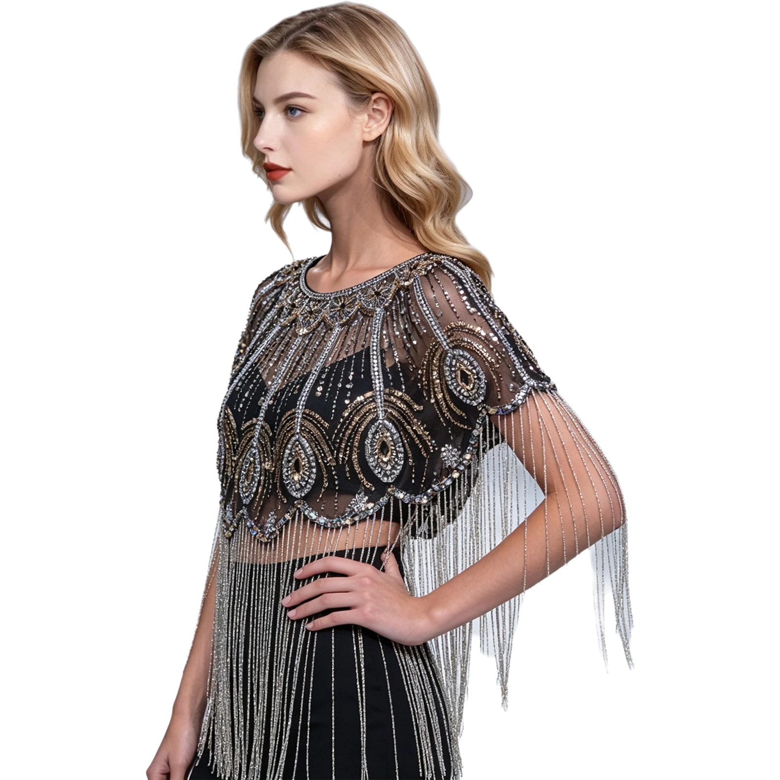 Women Vintage 1920s Flapper Shawls Bolero Sequins Bottom Plastic Beads Tassel Cape Shoulder Shrugs for Cocktails