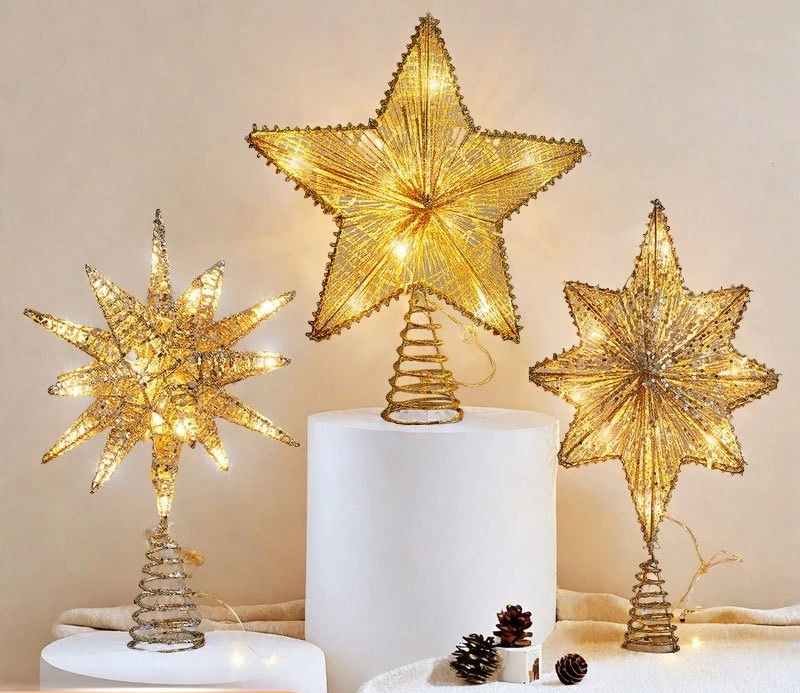 Christmas Tree Topper 3D Luminous Iron Star, Glowing Tree Top Star Ornament, Xmas Tabletop Decoration for Holiday Party