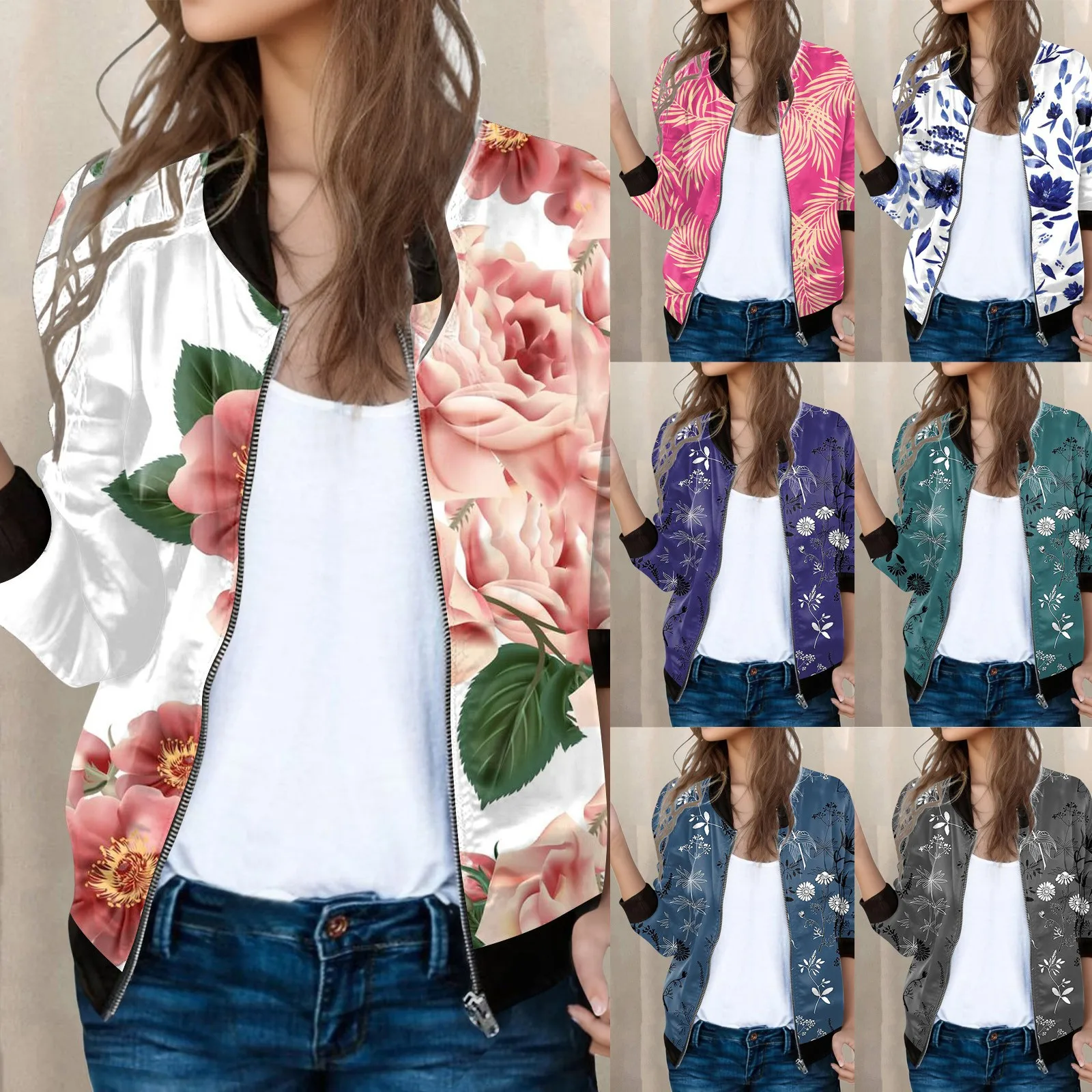 

Womens Casual Daily Jackets Lightweight Zip Up Casual Jacket Floral Print Coat Stand Collar Short Sports Outwear Zipper Tops