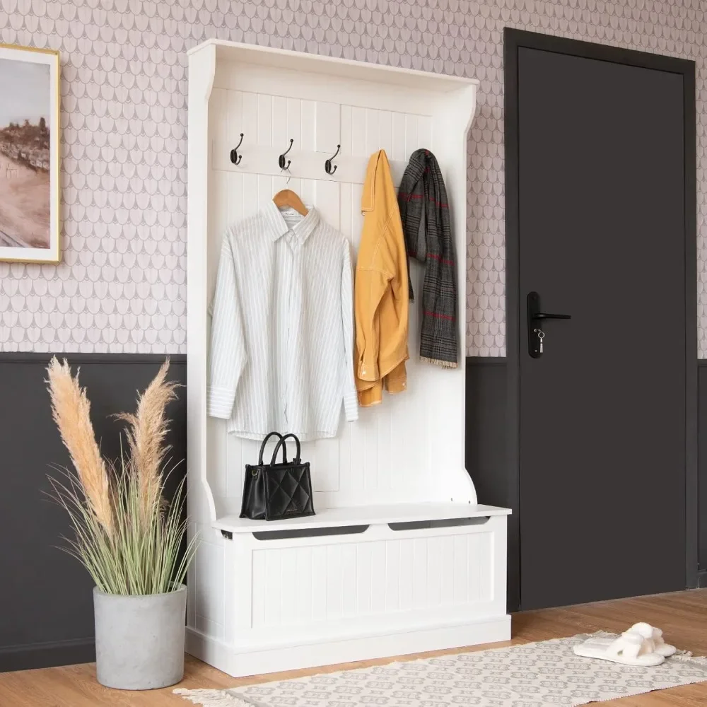 

3-in-1 Coat Rack with 5 Double Hooks and Anti-Toppling Strip, Storage Bench with Bottom Storage Organizer for Hallway, Bedroom