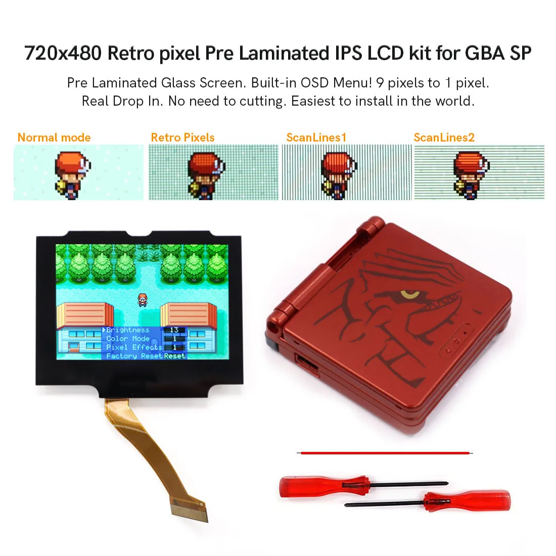 

Drop In GBA SP 3.0inch Laminated LCD V5 IPS Backlight Display Kit w/GBA SP Groudon Housing Shell for Game boy Advance SP Console