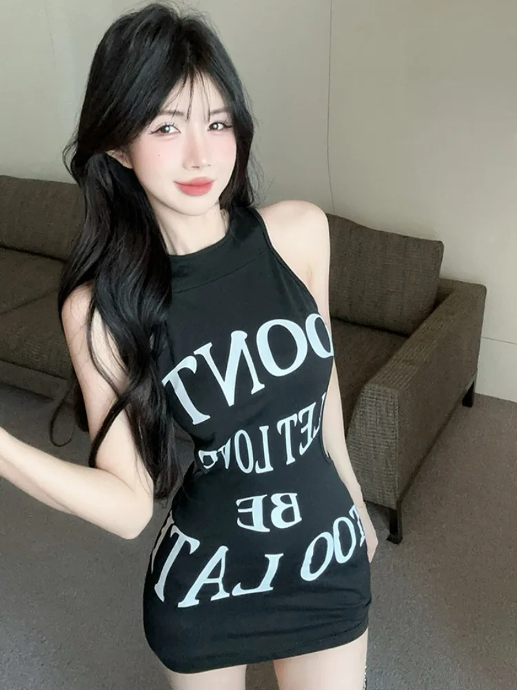

Summer Sleeveless round Neck Printed Dress Women's Slim Fit Short Skirt Design Sense Waist Exposure Design Commute Korean Style