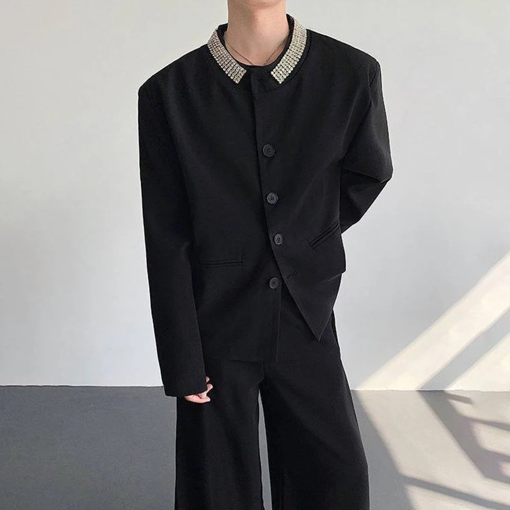 Mens Rhinestone Padded Shoulder Casual Suit Jacket Spring Streetwear Fashion Youth Business City Boy Stage Nightclub Blazer 2026