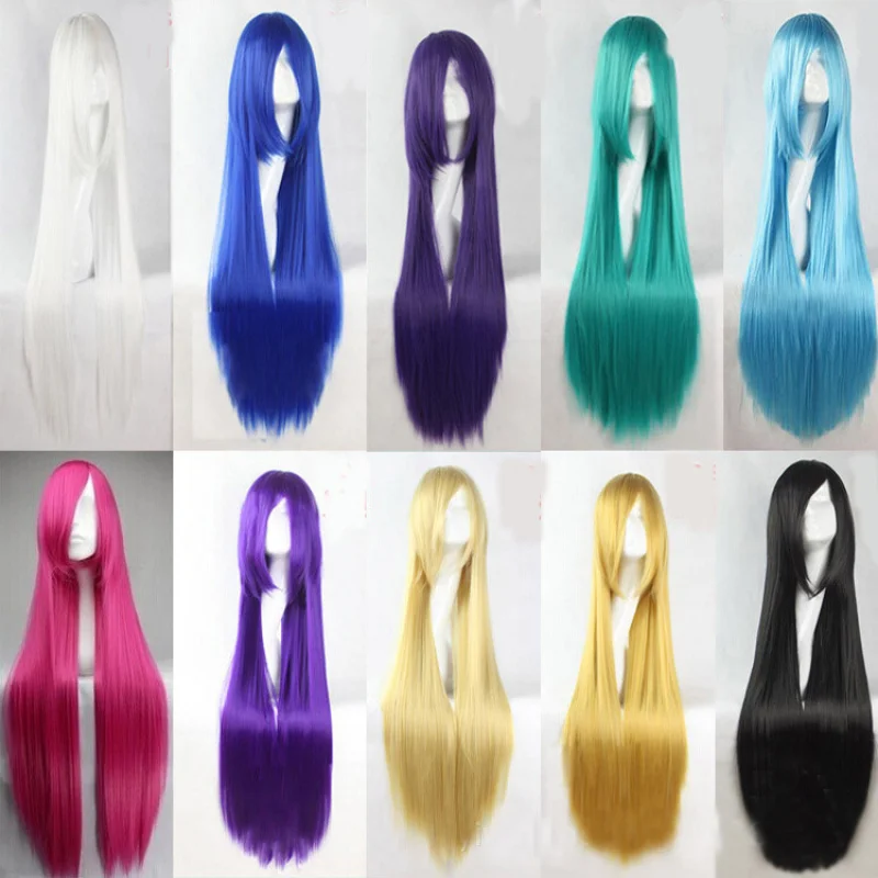 Super Long 100CM Full Wigs Fashion Cosplay Costume Hair Anime Wavy Straight Curl