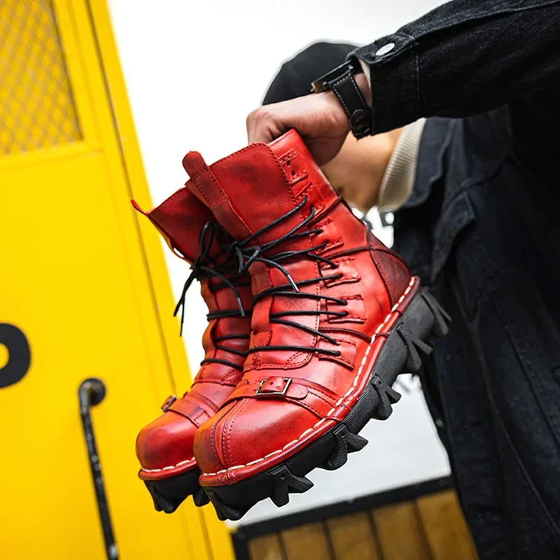 Fashion Genuine Leather Motorcycle Boots Tactical Combat Boots Goth Skull Punk Mid-calf Western Boots Platform Red Grey