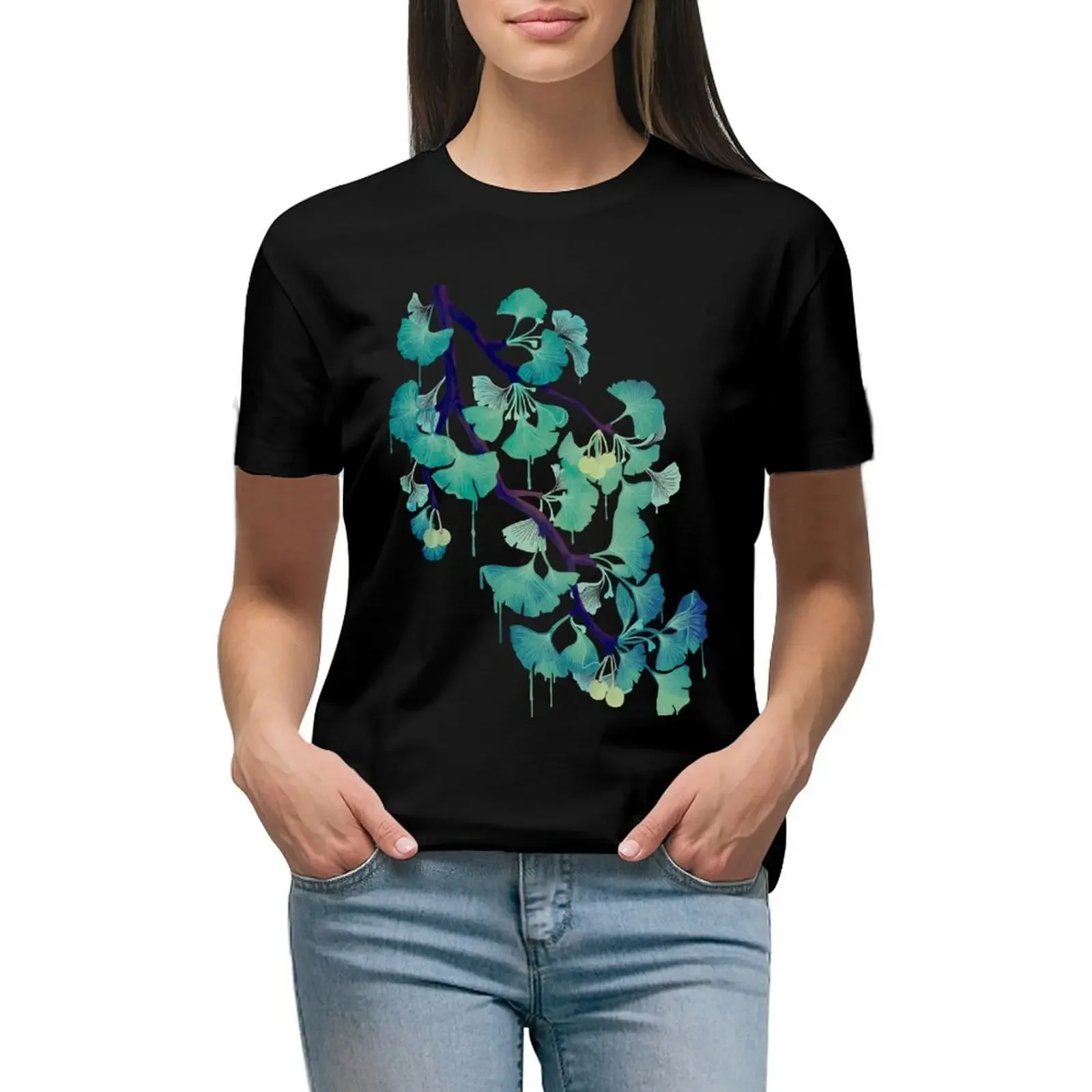 O Ginkgo (on Black) T-Shirt korean fashion anime clothes customizeds cropped t shirts for Women