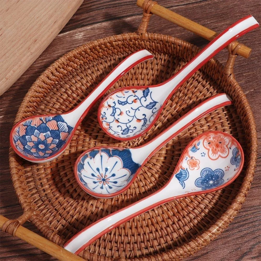 New Household Ceramic Spoon Japanese Style Round Head Ladle Congee Curved Handle Cooking Utensil Ramen Spoons