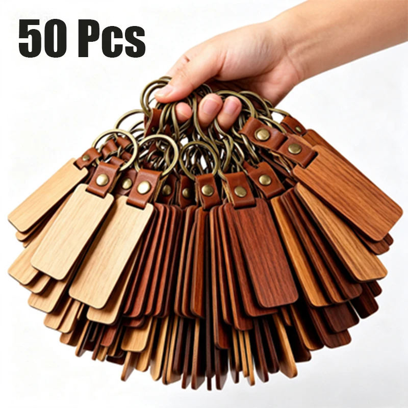 50Pcs Blank Wooden Keychains Rectangle Unfinished Wood Key Blanks with Leather Strap, Metal Key Rings for Souvenir Gifts