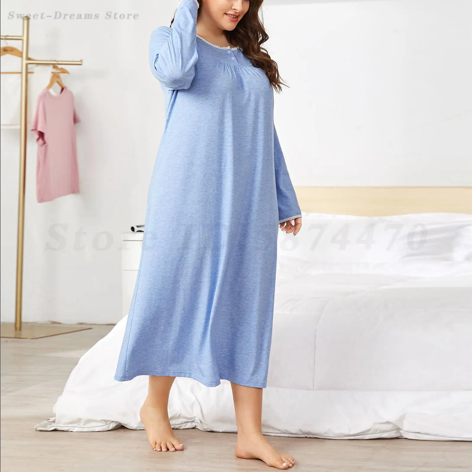 Blue Long Sleeved Nightdress Women\'s Sweet Lace Edge Nightgown Large Size 4XL Sleepwear Casual Home Dressing Gown Lounge Wear