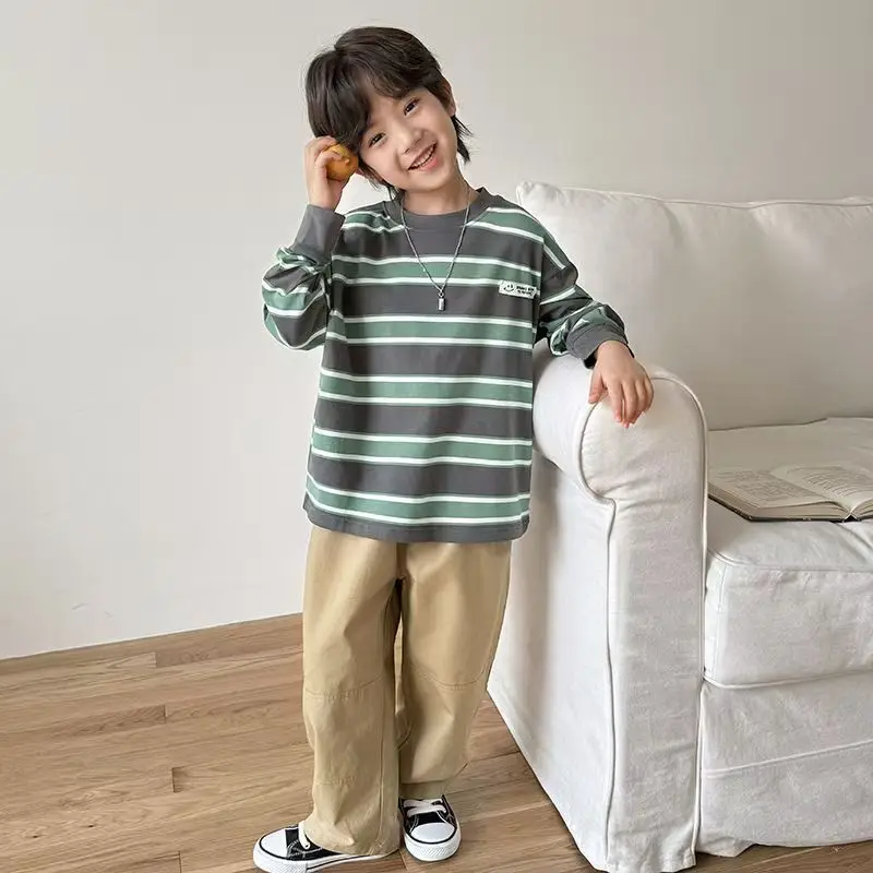 

Spring and Autumn Children's Striped Sweatshirt New Boys' Korean Version Simple Round Neck Bottom Shirt Simple Long Sleeve