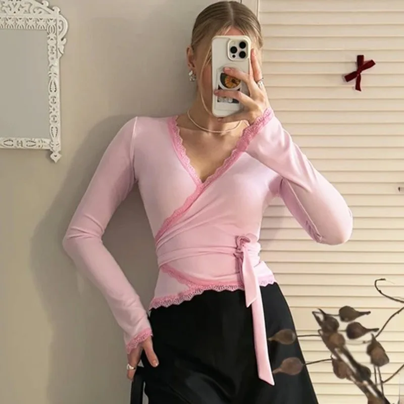 

Ticketsx Sexy Lace Patchwork Top Solid Fashion Plunge Lace Up Long Sleeve Slim Women's Tops Vintage Vacation Y2K Female Clothing