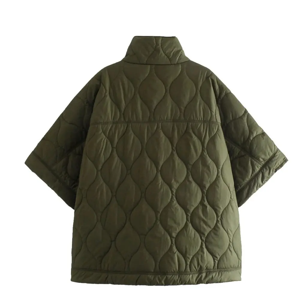 Women's Cotton-Padded Coat Short-Sleeved Diamond Plaid Half Zip Loose Pullover Pocket Design European American Style Autumn New