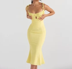 Sexy Hot Girl Summer Women's Dress Sweet Solid Color Low Cut Pleated Tie Details Suspender High Waist Tight Midi Fishtail Dress