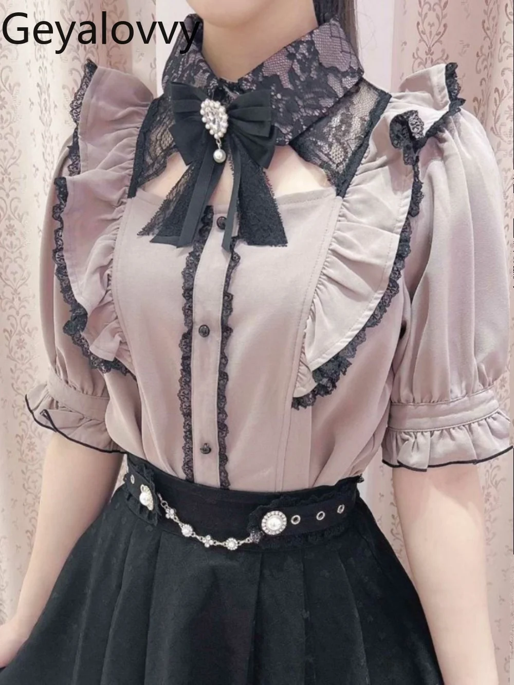 Mine Series Mass-ผลิตเสื้อสีขาวญี่ปุ่นElegant Lace Bow Tieจีบลูกไม้เสื้อแขนสั้นหญิงCamisas De Mujer