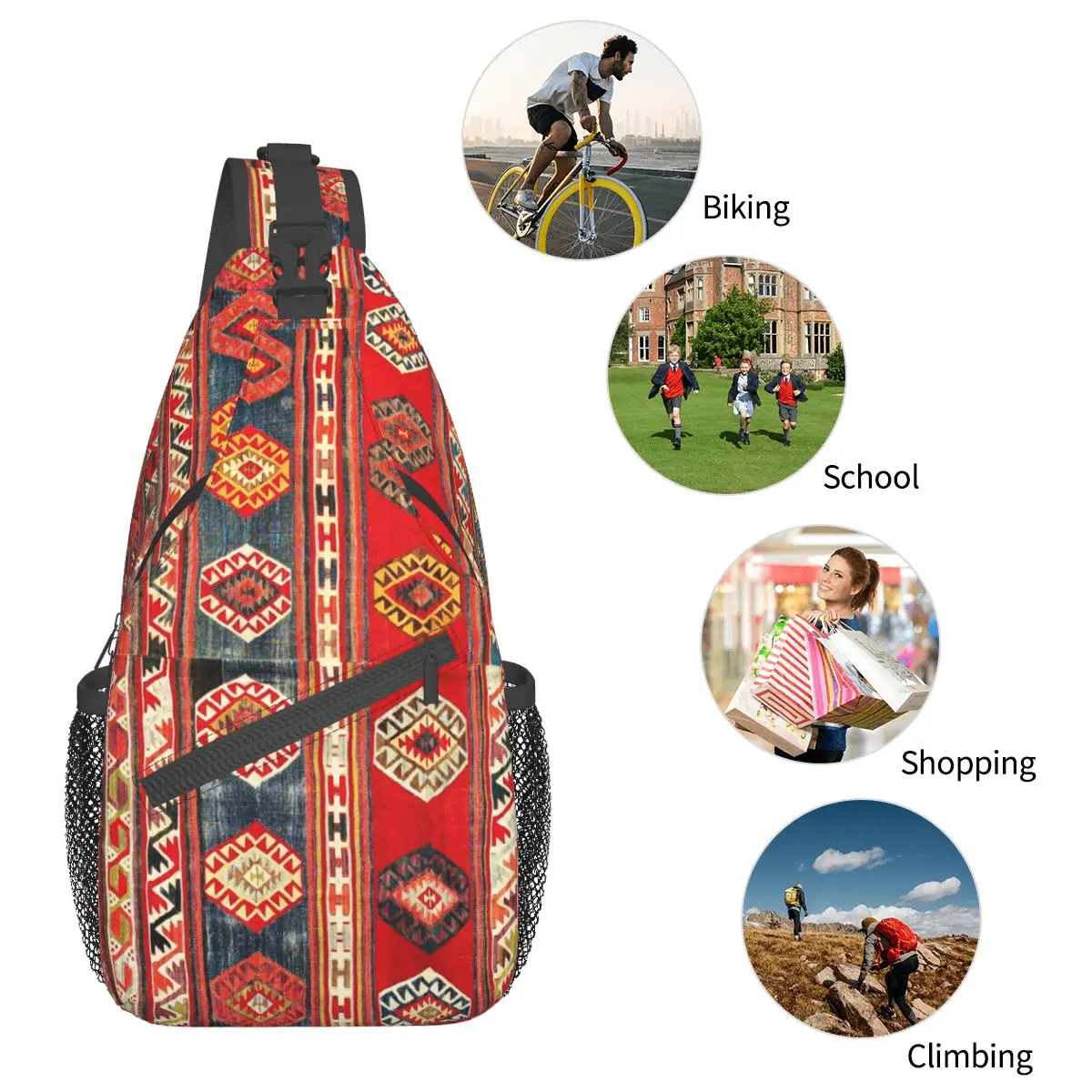 Antique Turkish Kilim Small Sling Bag Chest Crossbody Shoulder Backpack Hiking Travel Daypack Boho Ethnic Persian Printed School