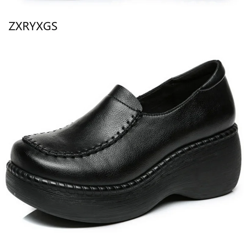 ZXRYXGS 2025 New Top Layer Cowhide Real Leather Shoes Platform Wedges Women High Heel Shoes Loose Comfortable Roman Shoes Black