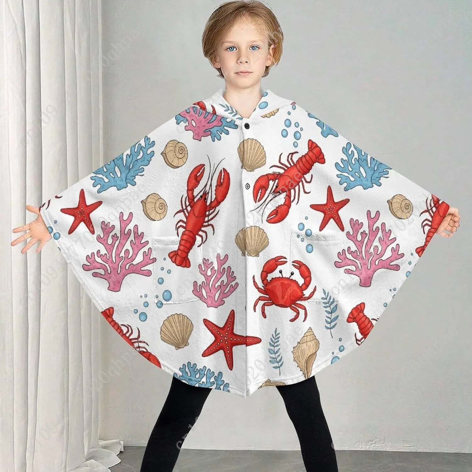 سترة بطانية مريحة من الفلانيل، سترة كبيرة الحجم بنمط الحياة البحرية مع جيوب للأطفال والمراهقين #2