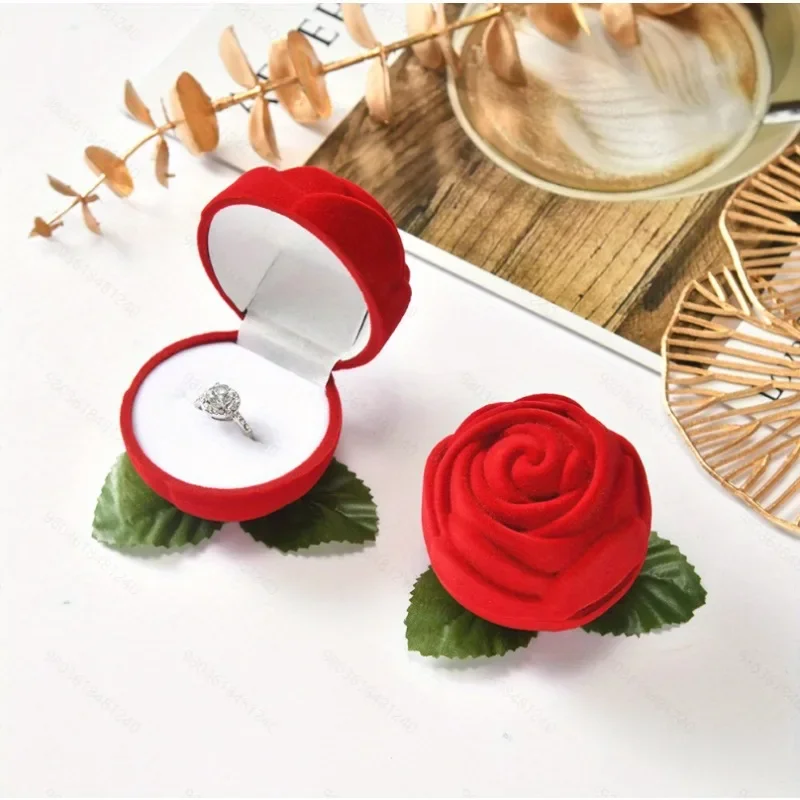 1pc Velvet Rose Flower Ring Box Valentine's Day Romantic Bouquet Earrings Holder Jewelry Storage Case Engagement Gift