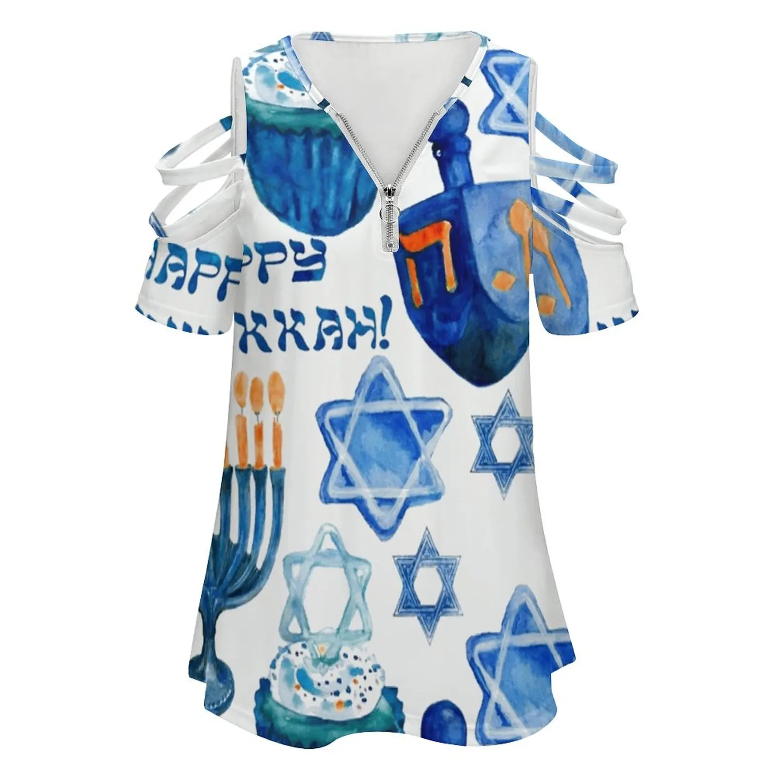 Hanukkah Pattern : Menorahs , Dreidels , And Star Of David New Fashion Zip Off Shoulder Top Short-Sleeve Women Shirt Hanukkah