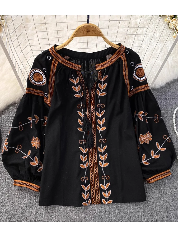 Women Spring Blouse Vintage Ethnic Style Long Sleeve Round Neck Loose Embroidered Cotton Linen Pullover Shirt Casual Top