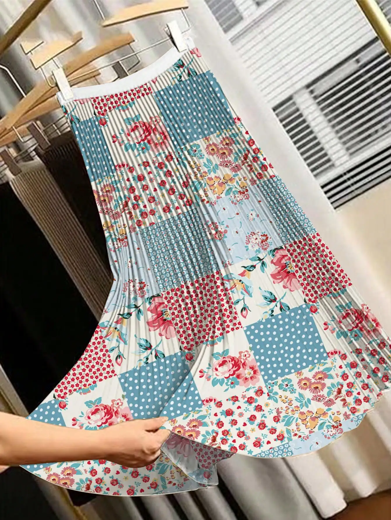 Women's Summer Floral Pleated A-Line Skirt 2026 New Long Loose Flowy Elastic Waist Woven Spliced Half Skirt