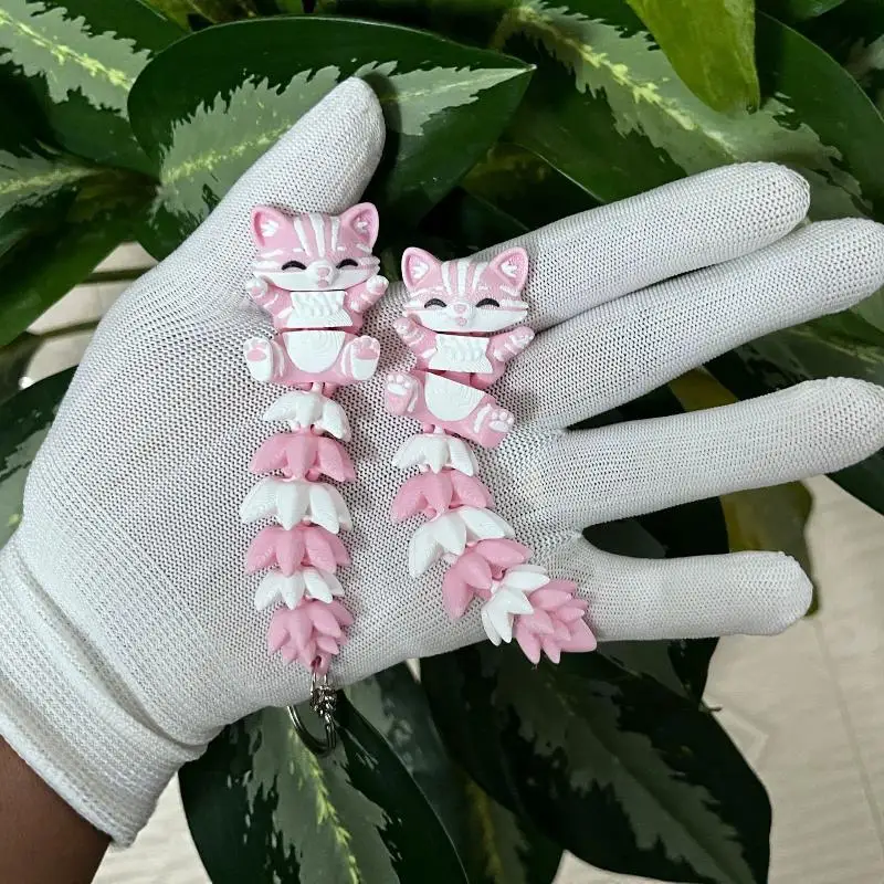 3D-gedruckter rosa Katzen-Schlüsselanhänger mit beweglichem, flexiblem Schwanz, niedliches Cartoon-Design zur Rucksackdekoration, Geschenk für Katzenliebhaber – Detail 4