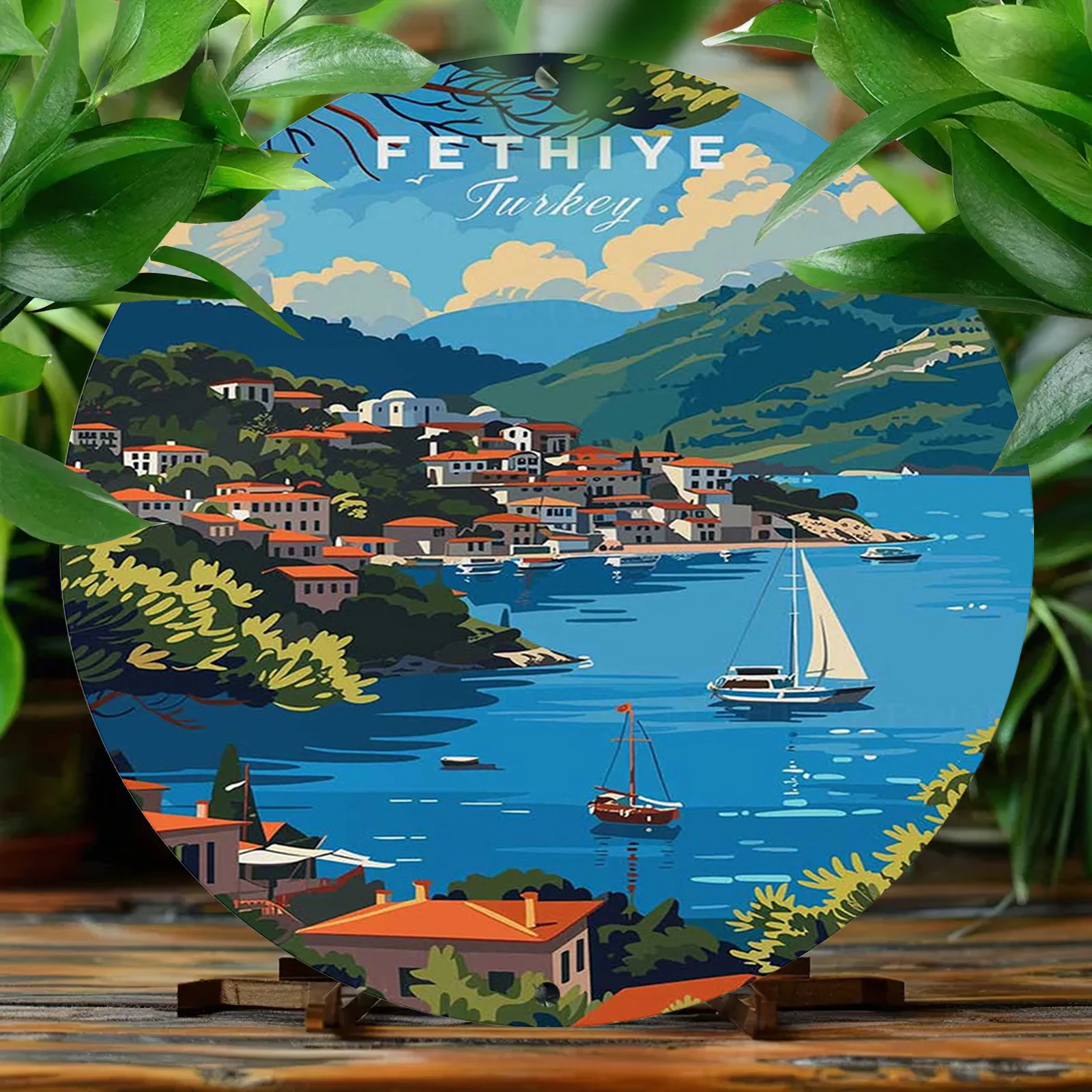1pc Vintage Fethiye Turkey Aluminum Wall Sign - 8x8 Inch Round, Coastal Town Scene with Sailboat, Scratch & UV Resistant - Ideal