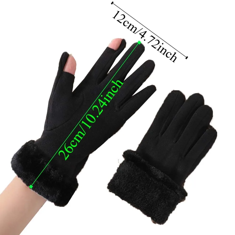 Sarung Tangan Polar Fleece 2 Jari Model Lipat Bulu Kelinci Imitasi Lembut Tebal Penghangat Warna Kontras Wanita Anti-dingin Sarung Tangan Musim Dingin