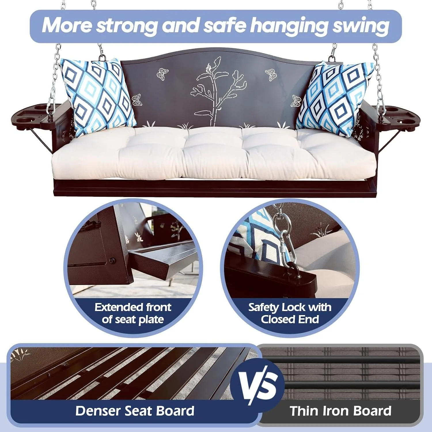 3-Seat Metal Porch Swing 900 LBS Heavy Duty Hanging Bench with Upgraded Tray & Cushions Rust-Resistant Finish Swing Chair with 8.9FT Chains for Patio Lawn Garden