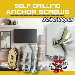 50/100 Set Self Tapping Screws Self Drilling Anchors Screws Drywall Anchors Expansion Nails Use for Gypsum Plasterboard Dowel