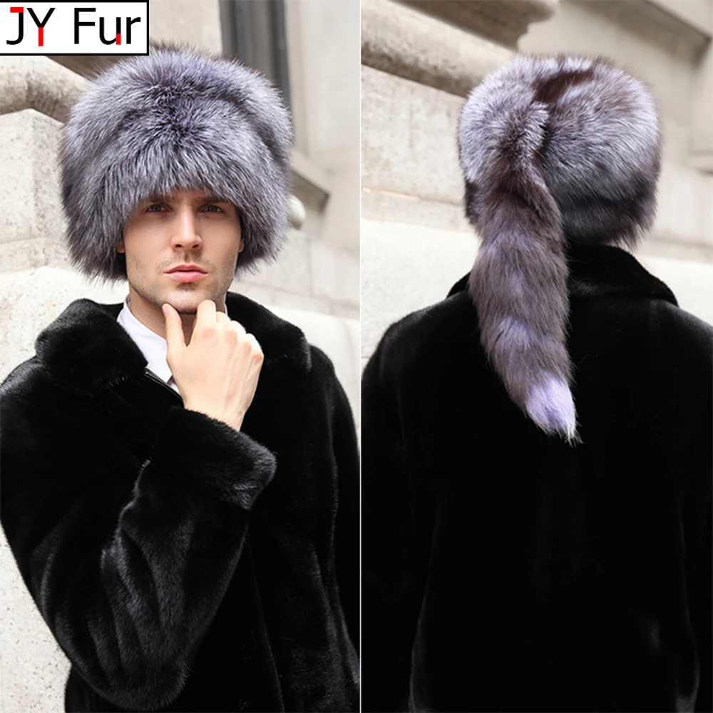 

Men Real Fox Fur Beanies Hat Mongolian Hat Unique Process Fox Tail Design Luxury Winter Warm Hats For Fashion Men Bomber Hat